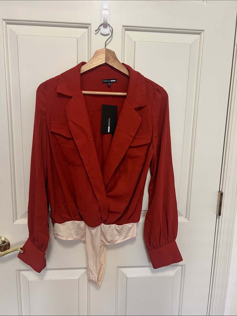 Fashion Nova Women's Rust Wrap Blazer with Cream Trim